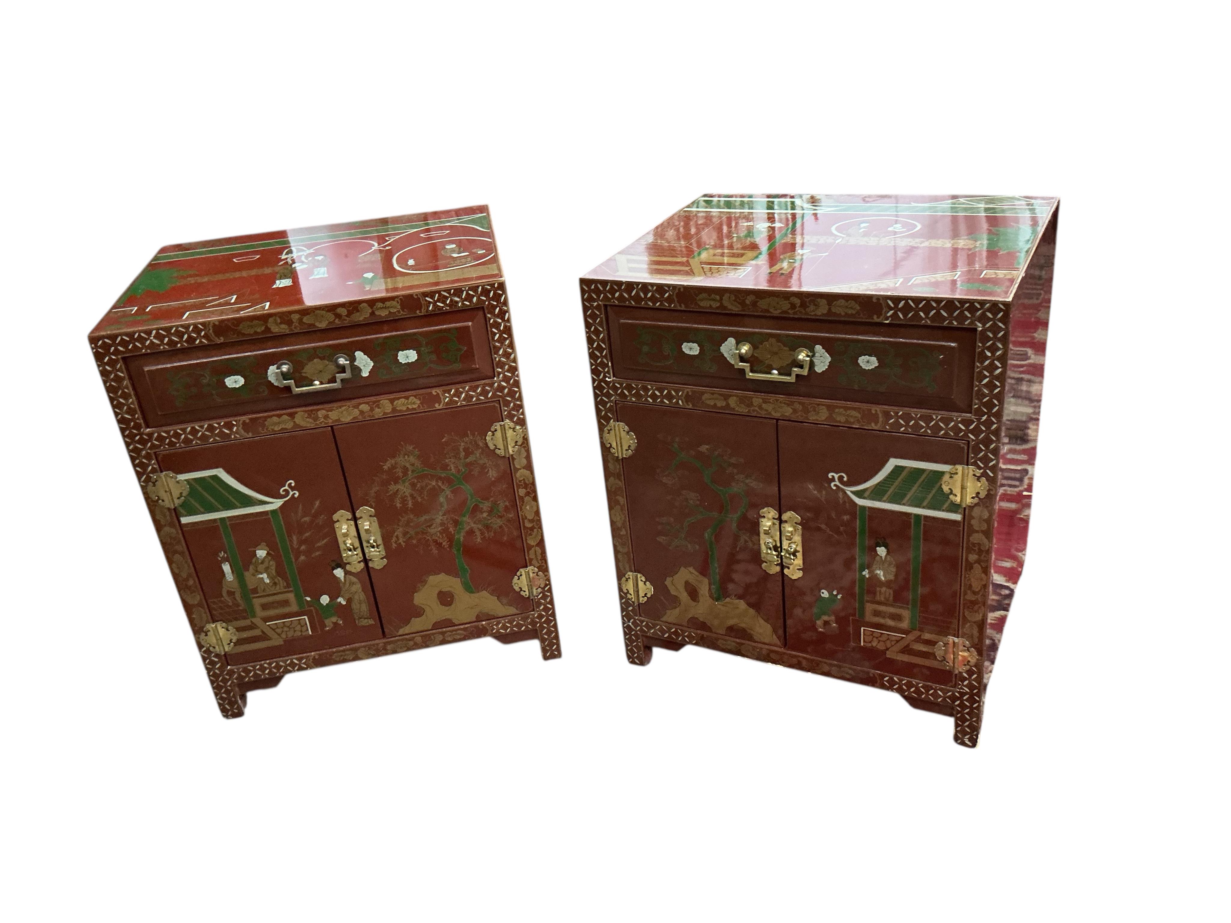 A pair of Chinese scarlet lacquer bedside chests, width 50cm, depth 40cm, height 61cm